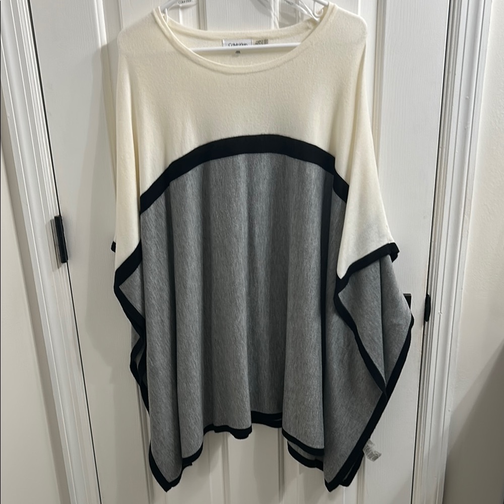 Chico's Cream and Gray Poncho Sweater with Draped Design
